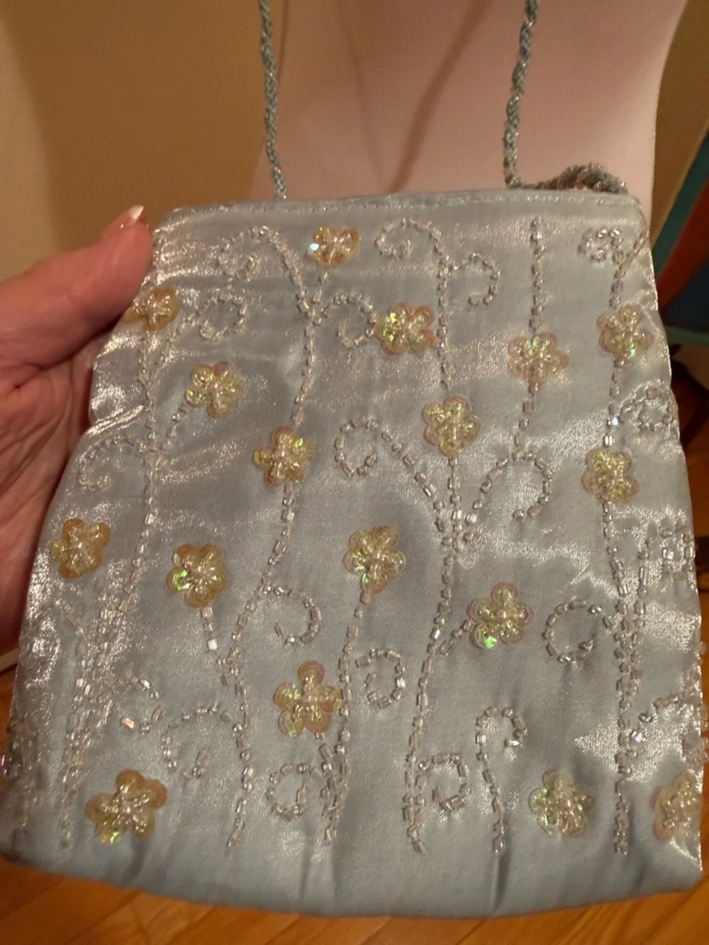 Embroidered Light Blue Crossbody Purse with Braided Strap